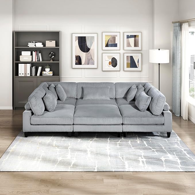 Lexicon 120 Inch Modular Sectional Sofa - Oversized 6 Seater Corduroy L Shaped Sectional Couch with Ottoman, 7 Accent Pillows, and Flexible Arrangement for Modern Living Rooms, Gray