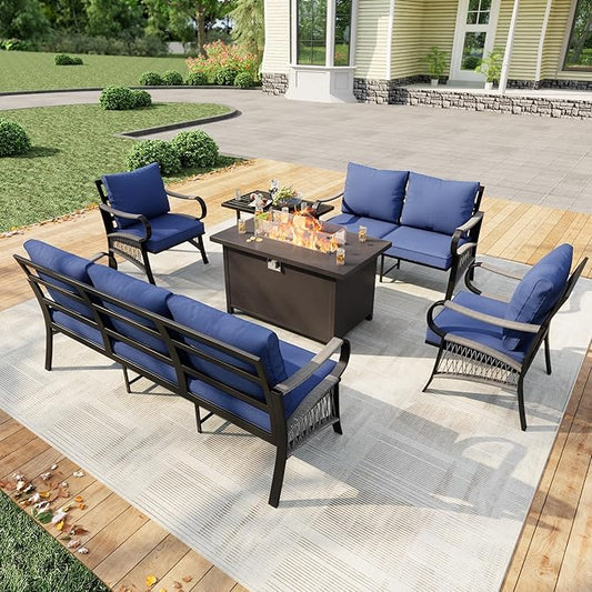 6 Pieces Modern Patio Furniture Set, All Weather Metal Outdoor Conversation Sets with Fire Pit Table for Backyard Garden Deck Porch Poolside, Blue