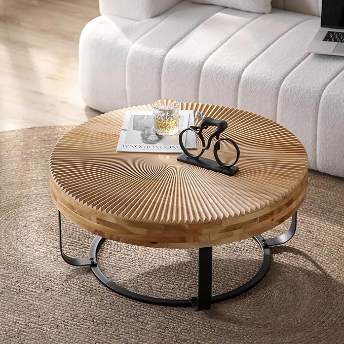 Wood Round Coffee Table, Farmhouse Circle Coffee Table with Metal Base, 31.5" Round Center Table for Living Room Office Natural+Black