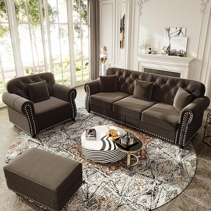 KEIKI 2-Piece Chesterfield Sofa Set with 1 Velvet 3-Seater Sofa & 1 Single Sofa, Upholstered 4-Seater Couch Set with Nailhead Trim & Rolled Arms & 1 Ottoman & 4 Pillow, for Living Room, Brown