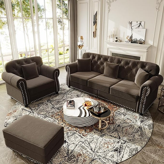 KEIKI 2-Piece Chesterfield Sofa Set with 1 Velvet 3-Seater Sofa & 1 Single Sofa, Upholstered 4-Seater Couch Set with Nailhead Trim & Rolled Arms & 1 Ottoman & 4 Pillow, for Living Room, Brown