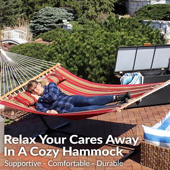 Sunnydaze Quilted Double Hammock for Outside with Spreader Bars and Pillow - 450 lb Capacity, 74x55 Inch Bed, UV Resistant, Quick Dry - Chains Included, Stand Sold Separately - Red Stripe - Image 4
