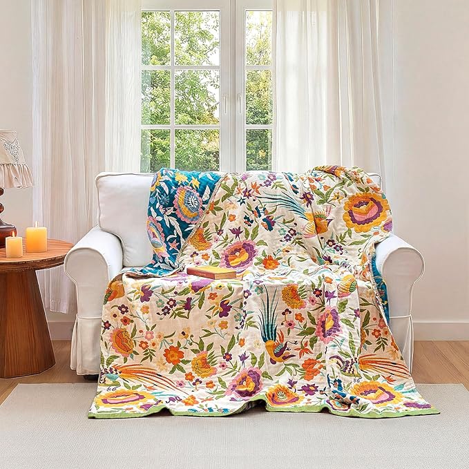 Boho Throw Blanket - 60"x80" 100% Cotton Ultra Soft Lightweight Blanket, 4-Layer Breathable Muslin Spring Blankets for Bed Couch, Reversible Green Floral Bird Printed Bohemian Cotton Quilt