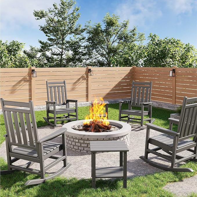Garvee HDPE Rocking Chair Outdoor Set of 2 with Side Table - Poly High Back Porch Rocker Chairs for Adults - All Weather Resistant Furniture for Patio Front Porch - Gray - Image 9