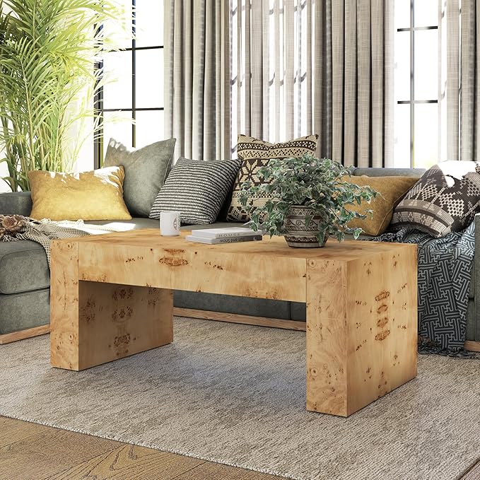 COZAYH Burl Finish Modern Wood Coffee Table with Thick Legs, Rectangular Living Room Center Table, Elegant and Sturdy Design, Farmhouse Style for Home Decor, Office, Natural