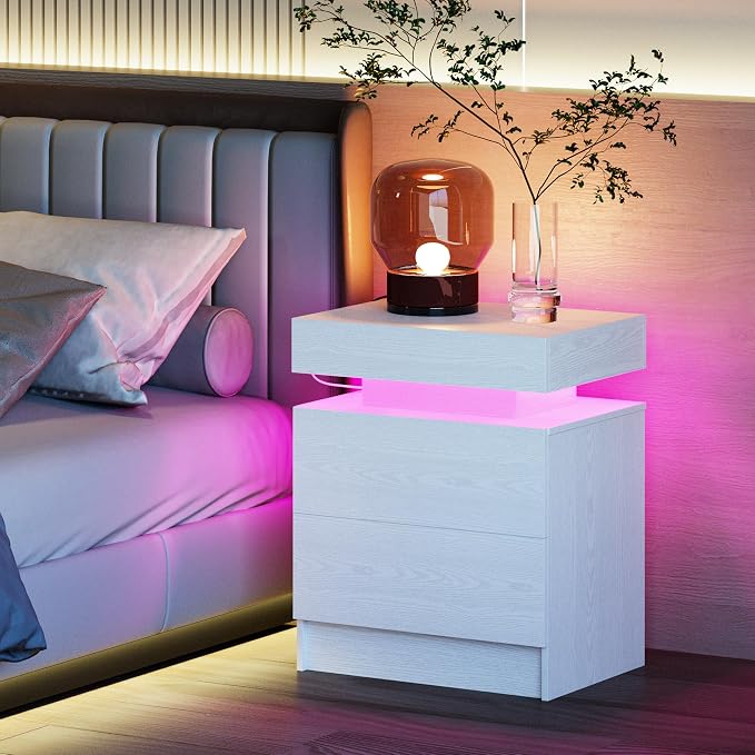 LIKIMIO Night Stand with Charging Station, Modern White Nightstand with LED Light and Drawers, Bedside Tables/End Table for Bedroom - Image 4