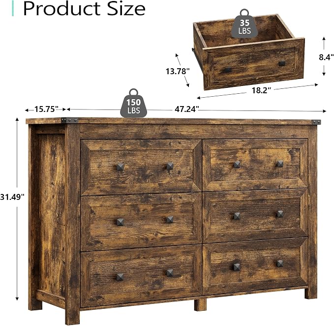 Dresser for Bedroom with 6 Drawers, Farmhouse Wood Chest of Drawers, Wide TV Stand Closet Storage Furniture with Metal Handle, Modern Clothes Organizer for Hallway, Living Room, Entryway, Brown - Image 3