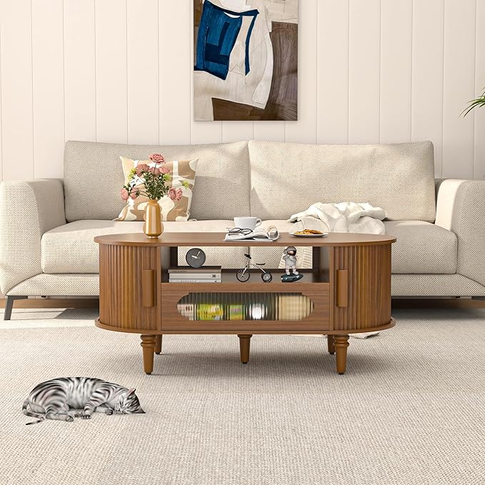 Fluted Oval Coffee Table for Living Room, Wood Round Coffee Table with Storage, Low Small Center Tables with Drawer, Sliding Door, Mid Century Modern, Boho, Rustic, Walnut