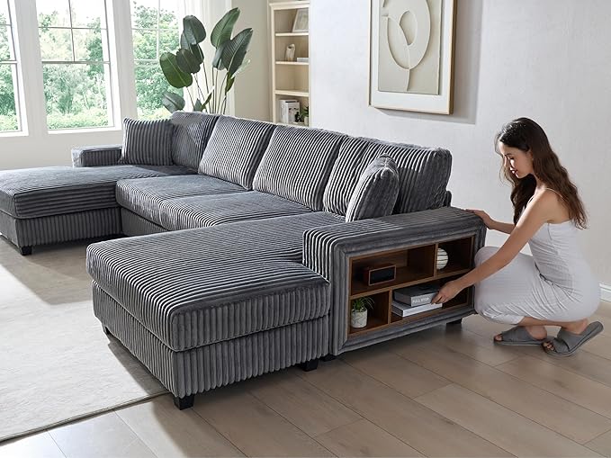 ERYE U-Shaped Modular Sectional Sofa Convertible Symmetrical Sofa Couch with Removable Chaise Lounges, U Shaped Double Chaises Sectional Couches with Storage Armrests
