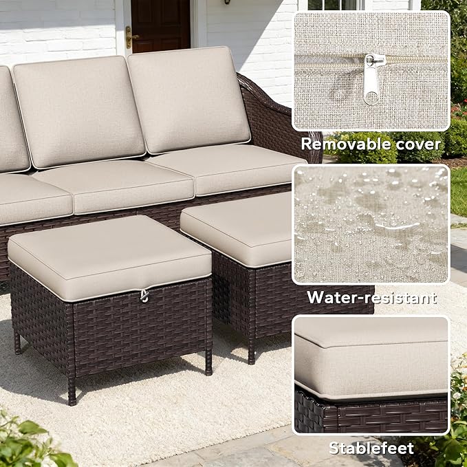 3 Piece Patio Wicker Conversation Set, All-Weather Use Outdoor Wicker Sofa with 2 PE Rattan Ottomans, Ideal for Porch, Backyard, Balcony, Poolside, Beige