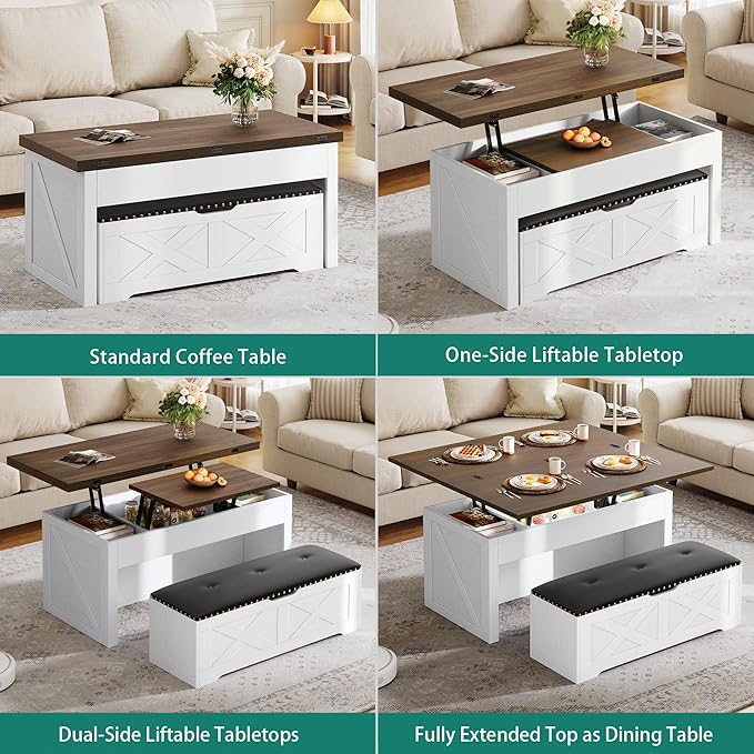 YITAHOME Lift Top Coffee Table Set with Storage Ottoman Bench & Wheels, 4 in 1 Convertible Dinning Center Tables with Hidden Compartment, Farmhouse Coffee Tables for Living Room Furniture, Brown Top
