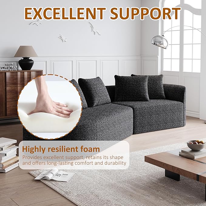 112" Modern Cloud Sectional Sofa, Chenille 4-Seater Curved Couch with 4 Pillows, Extra Deep & Wide Seat, No-Assembly Compressed Upholstered Living Room Sofa for Bedroom,Apartment,Black Right