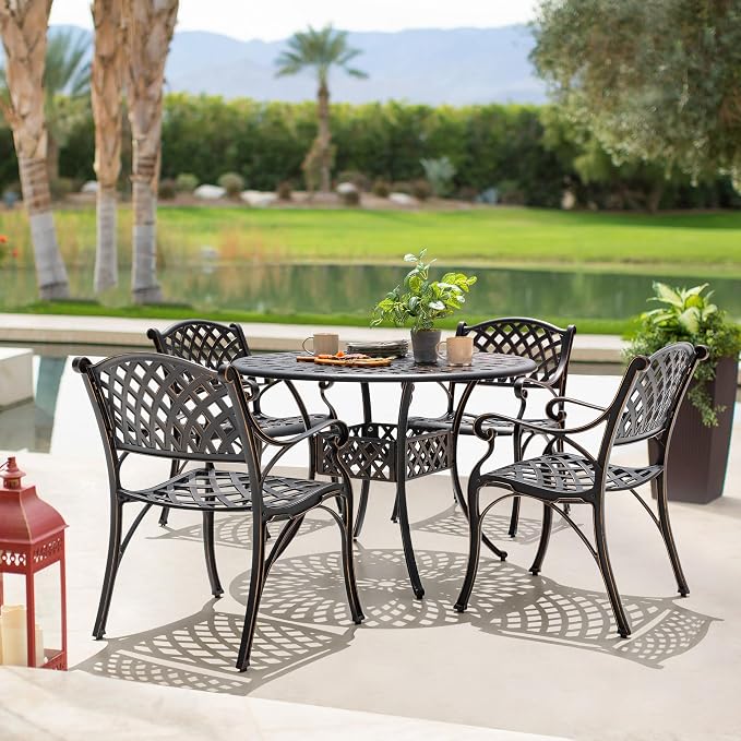 NUU GARDEN Outdoor 5-Piece Patio Dining Set, 4 Patio Chairs and 42'' Round Dining Table with 2.24" Umbrella Hole, Cast Aluminum Frame, for Patio, Deck, Garden, Backyard, Balcony, Antique Bronze - Image 3