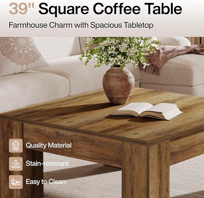 Tribesigns Farmhouse Square Coffee Table, 39-Inch Wooden Coffee Table with Sturdy Legs, Rustic Accent Center Table for Living Room, Easy Assembly, Rustic Brown