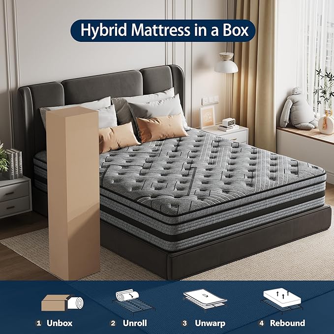 Queen Mattress,12 Inch Queen Size Mattress in a Box,Memory Foam Hybrid Queen Mattresses with Individual Pocket Springfor Motion Isolation&Silen