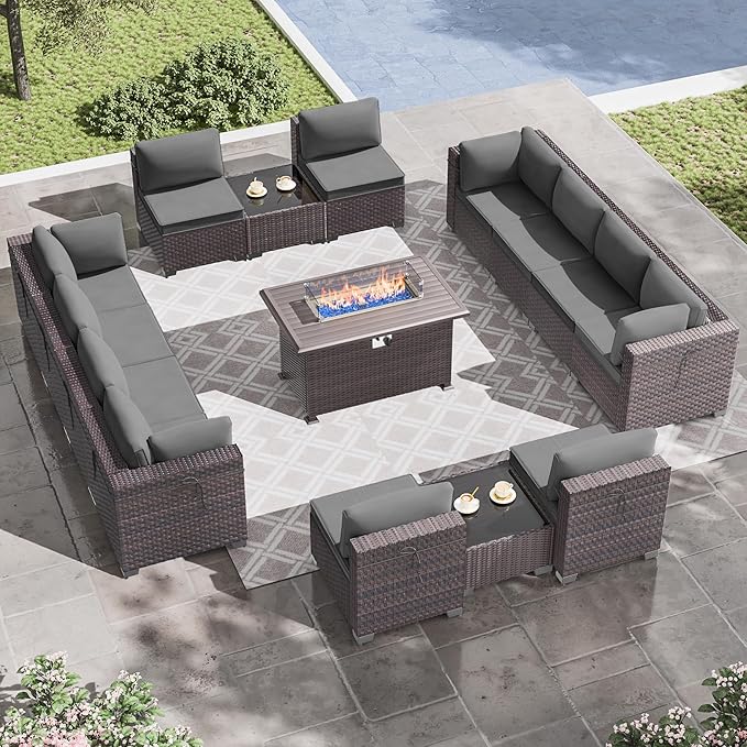 15 Pieces Outdoor Patio Furniture Set,Outdoor Sectional Furniture with 43" 55000 BTU Gas Propane Fire Pit Table,All Weather PE Rattan Wicker Patio Conversation Set,Grey