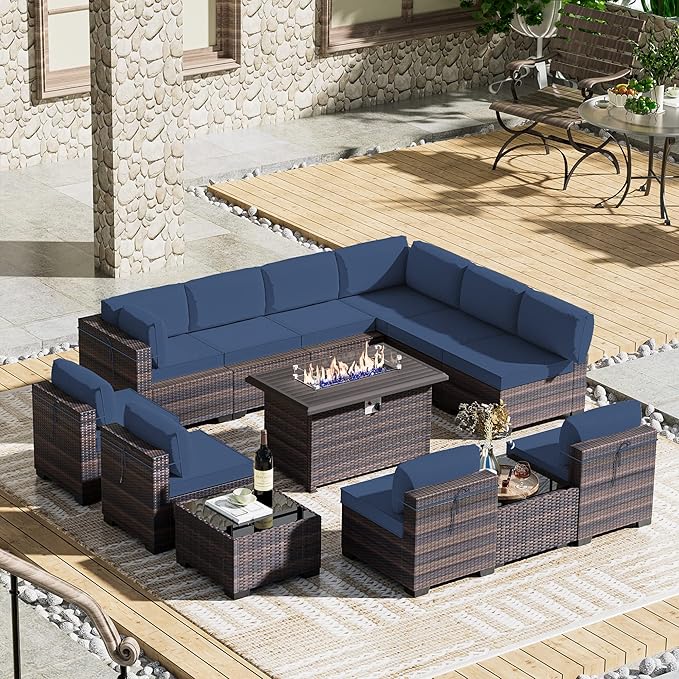 13 Pieces Outdoor Patio Furniture Set,Outdoor Sectional Furniture with 43" 55000 BTU Gas Propane Fire Pit Table,PE Rattan Wicker Patio Conversation Set with 10 Thickened Cushions,Navy Blue