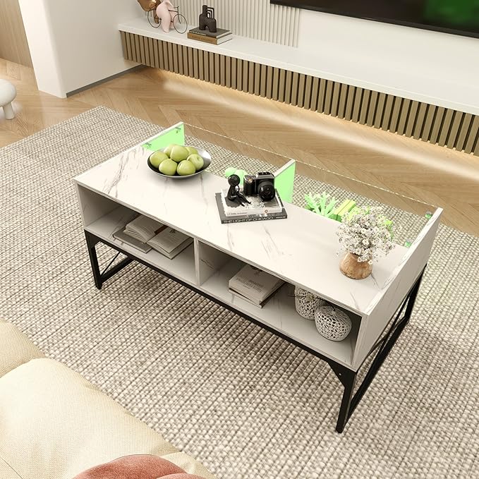 Tangkula LED Coffee Table, High Glossy Center Table with 4 Storage Cubes, Faux Marble & Tempered Glass Top, Adjustable Light Colors, Remote Control, Modern Cocktail Table for Living Room (White)