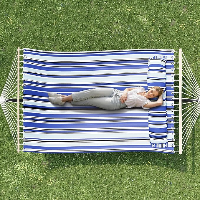 Double Hammock with Stand for 2 Person, Outdoor Freestanding Hammock Bed with 475lb Capacity - Heavy Duty Steel Frame, Quilted Pillow & Portable Carry Bag, Easy Assembly, Blue - Image 7