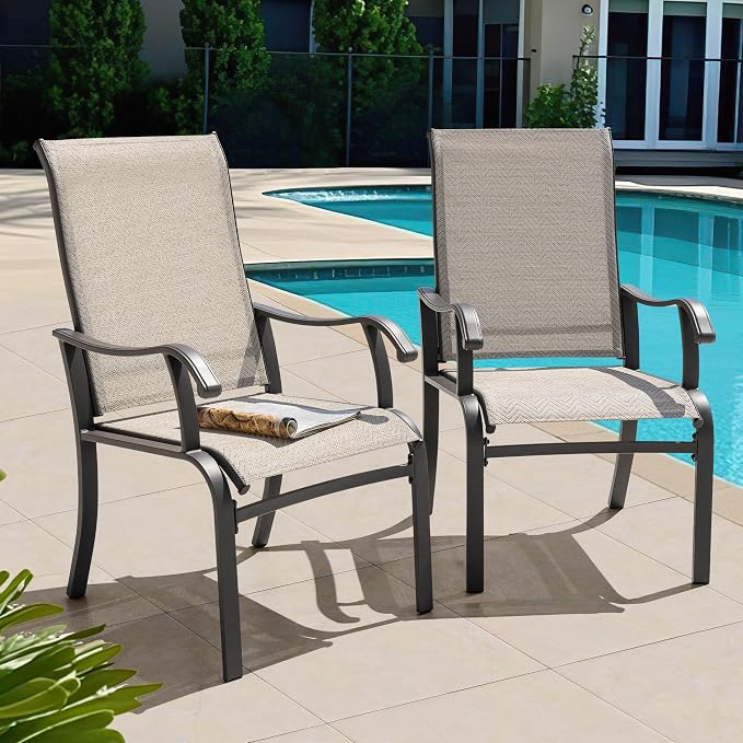 NUU GARDEN Patio Dining Chairs Set of 2, Outdoor Dining Chair with Powder-Coated Frame, All Weather Metal Dining Chairs with Textilene High Back and Wider Seat for Backyard, Deck, Balcony, Beige - Image 9
