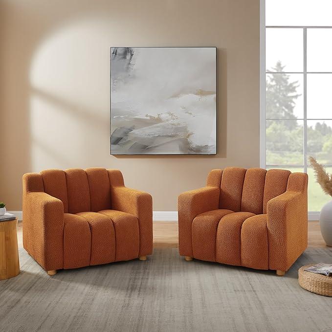 Modern Oversized Living Room Chairs, 40" Wide Boucle Accent Chairs with Deep Seat and Wooden Legs, Comfy Reading Arm Chair for Bedroom, Apartment, Orange