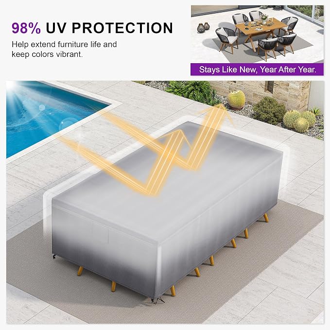 PURPLE LEAF 9 Pieces Patio Dining Set with Waterproof Furniture Cover Rectangular Table and Chairs Set for Garden Deck Aluminum Frame Backyard Kitchen Set, Cushions and Pillows Included Grey - Image 8