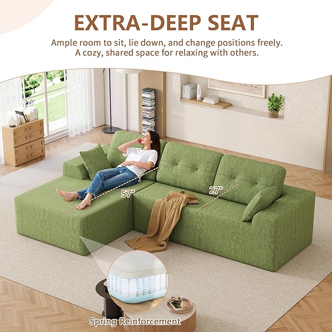 Ball & Cast 106" Modular Sectional Sofa,Cloud Chenille Couch with Deep Seat,Boneless L-Shaped Sectional,Modern Comfort Upholstered Sofa for Living Room,No Assembly Required (Green, Left Facing Chaise)