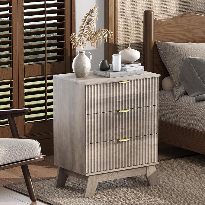Wodeer Night Stand Set 2, Bedside Table & End Table, Mid Century Modern Fluted Wood Nightstand with 3 Drawers & Metal Handles, Farmhouse Nightstand for Bedroom, Grey - Image 6