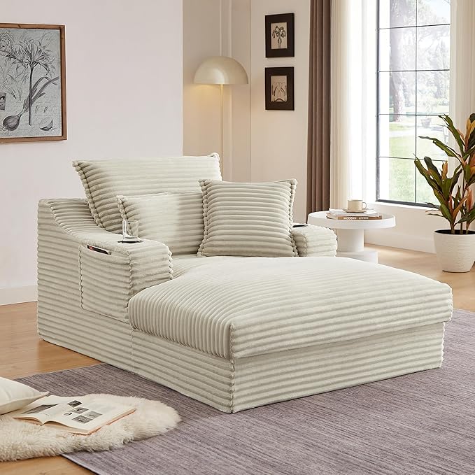 47 Inches Oversized Chaise Lounge Chair Indoor, Fluffy Corduroy Upholstered Boneless Sleeper Sofa Couch with Cupholders and 3 Throw Pillows, Deep Seat Lazy Lounger Cloud Couch Bed
