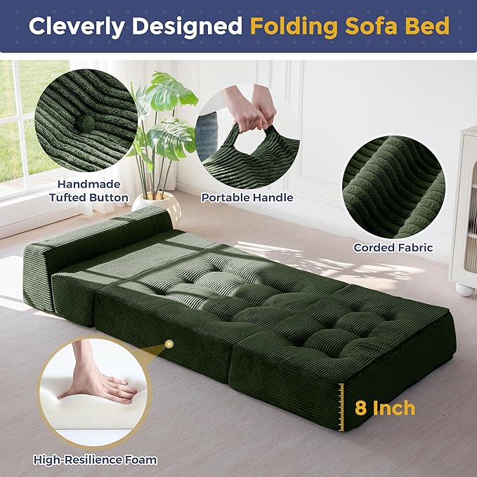 MAXYOYO 8" Folding Sofa Bed, Convertible Sleeper Sofa Lounger Foldable Mattress, Wedge Shape Floor Couch Tufted Fold Out Chair Bed Comfy Floor Couch Lounge for Living Room Bedroom, Single, Dark Green
