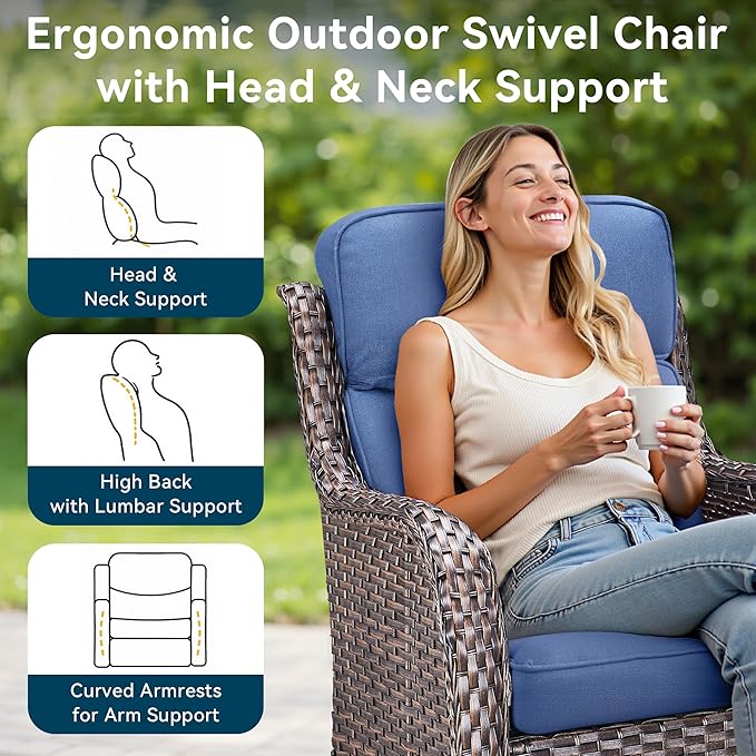 Luxury High Back Outdoor Furniture with 6-Inch Thick Cushions, Patio Furniture Set with Swivel Chairs, 4 PCS Wicker Conversation Set for Porch, Balcony, Deck and Yard