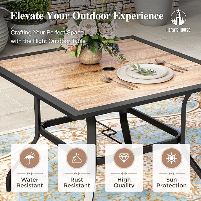 HERA'S HOUSE Patio Table and Chairs for 4, 5 Pieces Outdoor Deck Dining Sets, Square Metal Table Set with Chairs for Lawn Garden Backyard, Brown - Image 5