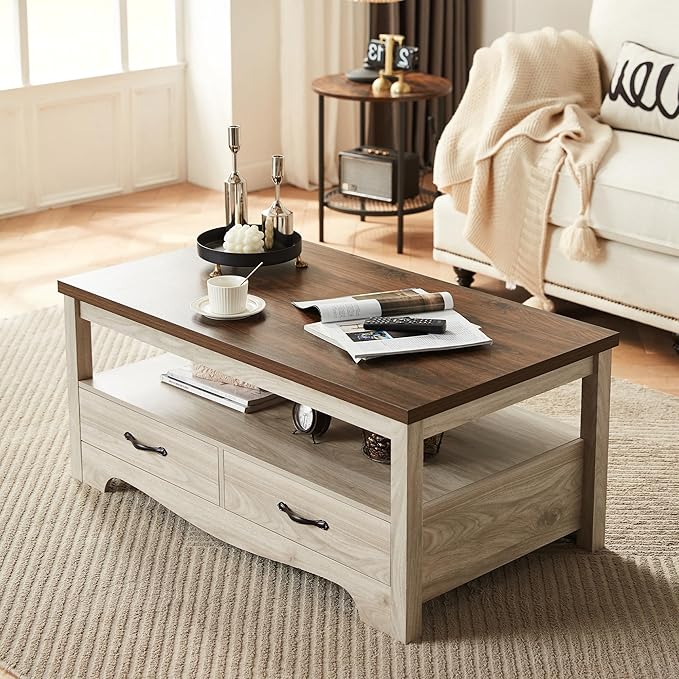 LINSY Farmhouse Coffee Table, Rectangle Coffee Table with Drawers, Rustic Wooden Coffee Tables with Storage, Center Table for Living Room, Apartment, Office, White Oak