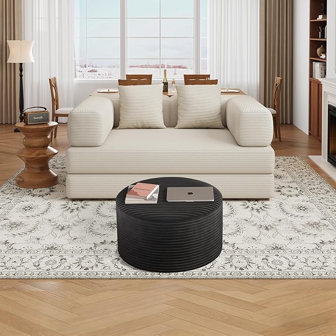 Round Coffee Table Ottoman for Corduroy Cloud Sectional Couches in a Box Memory Foam Compressed Pouf Footstool Rest for Living Room, Bedroom, Makeup Room No Assembly Require(Black, 32")
