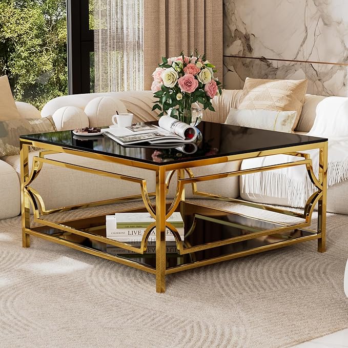 Harper & Bright Designs Square Glass Coffee Table in 33.5",Luxurious Geometric Metal Frame,Gold Finish & Lower Shelf
