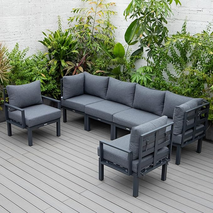 LeisureMod Outdoor Patio 7-Piece Conversation Set, Aluminum Sectional & Black Cushions with Coffee Table