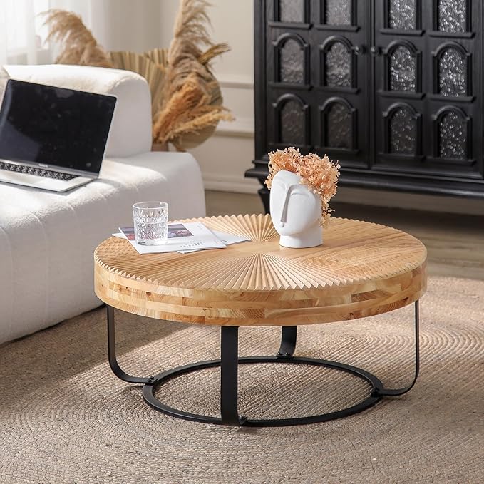 Wood Round Coffee Table, Farmhouse Circle Coffee Table with Metal Base, 31.5" Round Center Table for Living Room Office Natural+Black