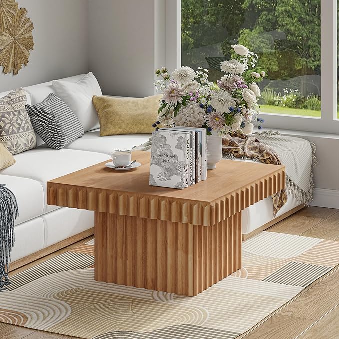 COZAYH Modern Square Fluted Wood Coffee Table with Natural Oak Finish, Geometric Accent Table Chunk Table for Living Room, Sturdy Rectangular Minimalist Centerpiece, Brown, Farmhouse