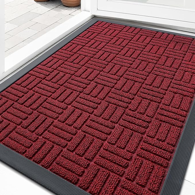 OLANLY Front Door Mat Outside Entrance 33x21, Absorbent, Heavy Duty Sturdy Natural Rubber Doormat Indoor Outdoor, Non-Slip, Stain and Fade Resistant, Low Profile Floor Mat for Entryway, Black Red by OLANLY