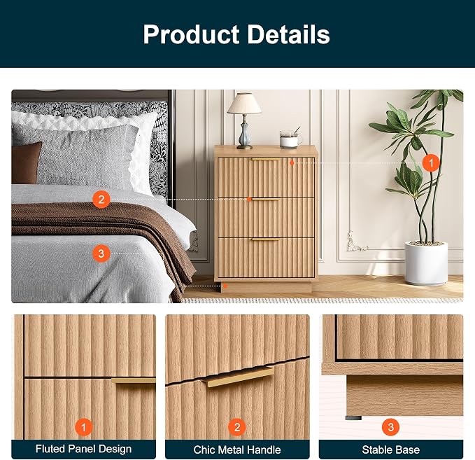 RoyalCraft Fluted Nightstand Set of 2, Modern Bedside Table with 3 Large Storage Drawers, Wood End Table with Metal Handle for Bedroom, Natural Oak - Image 4