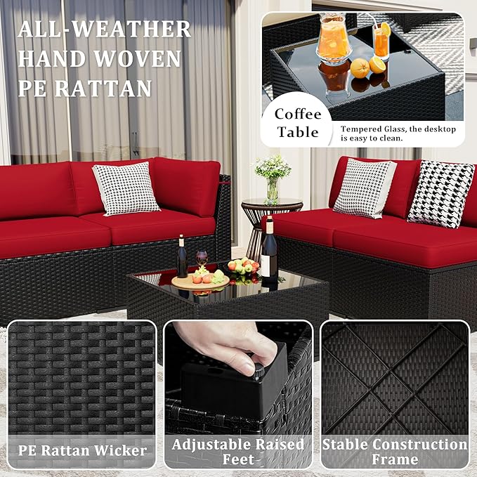 8 Pieces Outdoor Patio Furniture Set with 44" Fire Pit Table Black Rattan Sectional Conversation Sets w/Gas Fire Pit, Coffee Table, 1 Waterproof Covers, Wine red