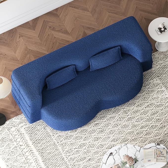 Ball & Cast 78" Floor Sofa Bed with 2 Pillows,Convertible Teddy Fabric Foam-Filled Sleeper Sofa Bed,Pull Out Couch Full Size Folding Mattress for Living Room,Playroom,No Assembly Required,Blue