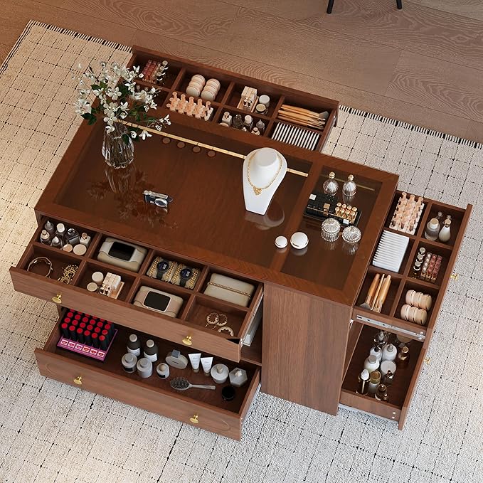Merax Closet Island with 6 Drawers Wardrobe Armoire Bedroom Island with Glass Top and Open Shelves 47.3" Jewelry Storage Vanity Island with Compartments, Cloakroom Walk-in Closet Island (Walnut)