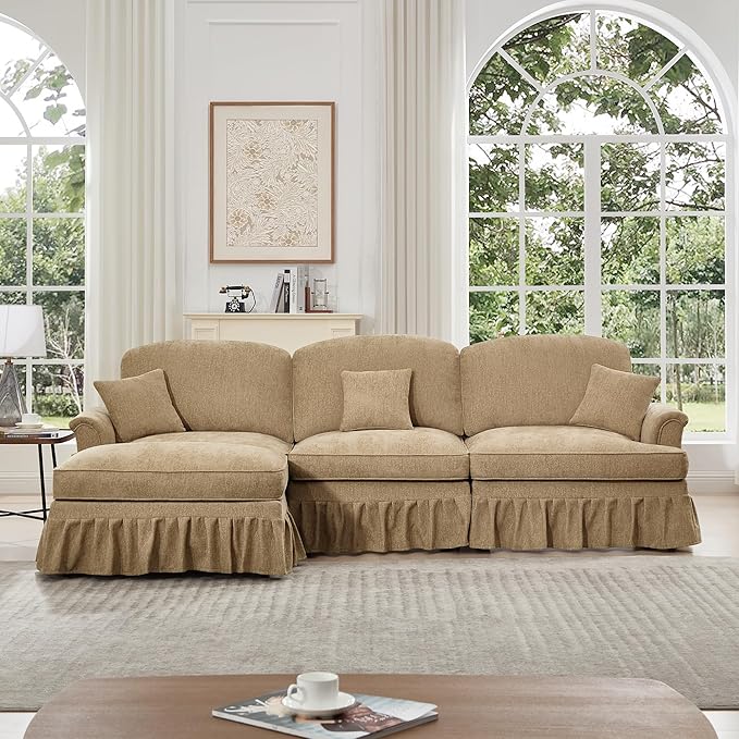 KEIKI Mid Century Modular Sofa with Flared Arms and Skirted Design, 107” Oversized 3-Seater with Ottoman Chenille L-Shaped Sectional Couches for Living Room, Chaise Lounge Indoor, Light Coffee