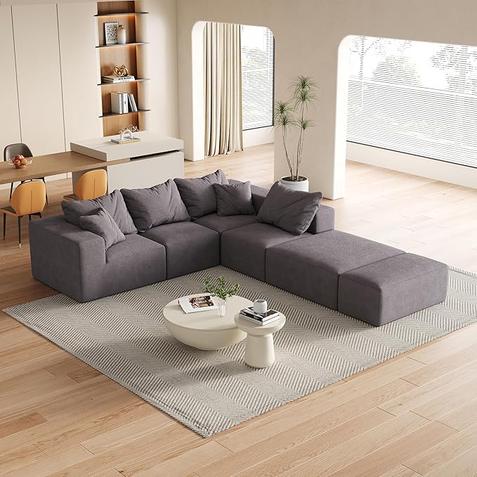 KEIKI 132" Boneless Sofa with Ottoman, L Shaped Corner Couch, Upholstered Corduroy Free Combination Sectional Couch for Living Room, Bedroom, Gray