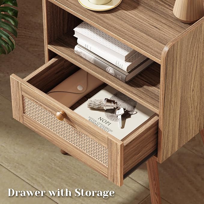 SUPERJARE Nightstand with Charging Station & Rattan-Like Decor Drawer, Rattan End Table with Solid Wood Feet, Bed Side Table with Open Storage, for Bedroom, Living Room, Dormitory, Walnut - Image 5