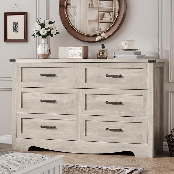 Dresser for Bedroom with 6 Drawers, 54" Wide Wood Chest of Drawers with Deep Drawers & Mental Handle, Modern Dresser TV Stand, Wooden Closet Storage Organizer for Living Room, Hallway, Entryway, Grey by Xixini