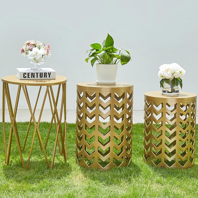Y&M Set of 3 Gold End Tables, Nesting Metal Round Coffee Table, Heavy Duty Metal Plant Stand Garden Stool, Outdoor Multifunctional Use by YM