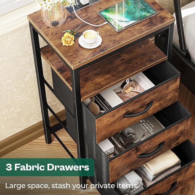Huuger Nightstand with Charging Station, 27.6 Inch Bedside Table with Fabric Drawers, End Table with USB Ports and Outlets, Night Stand for Bedroom, Rustic Brown - Image 7