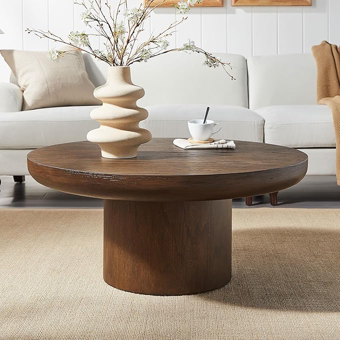 35.98'' Round Coffee Table Wood Pedestal Coffee Tables for Living Room, Modern Rustic Table Circle Easy Assembly, Dark Brown-ø35.98''